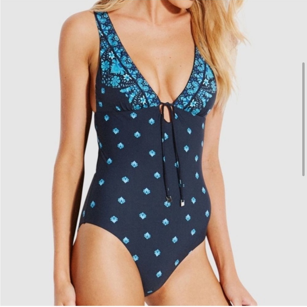 Seafolly Convertible cross back one piece floral swimsuit navy size 8